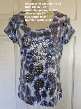 Black Label Chico's pullover top, 32/34" bust Sz 0, Blue/black/white, w/ sequins